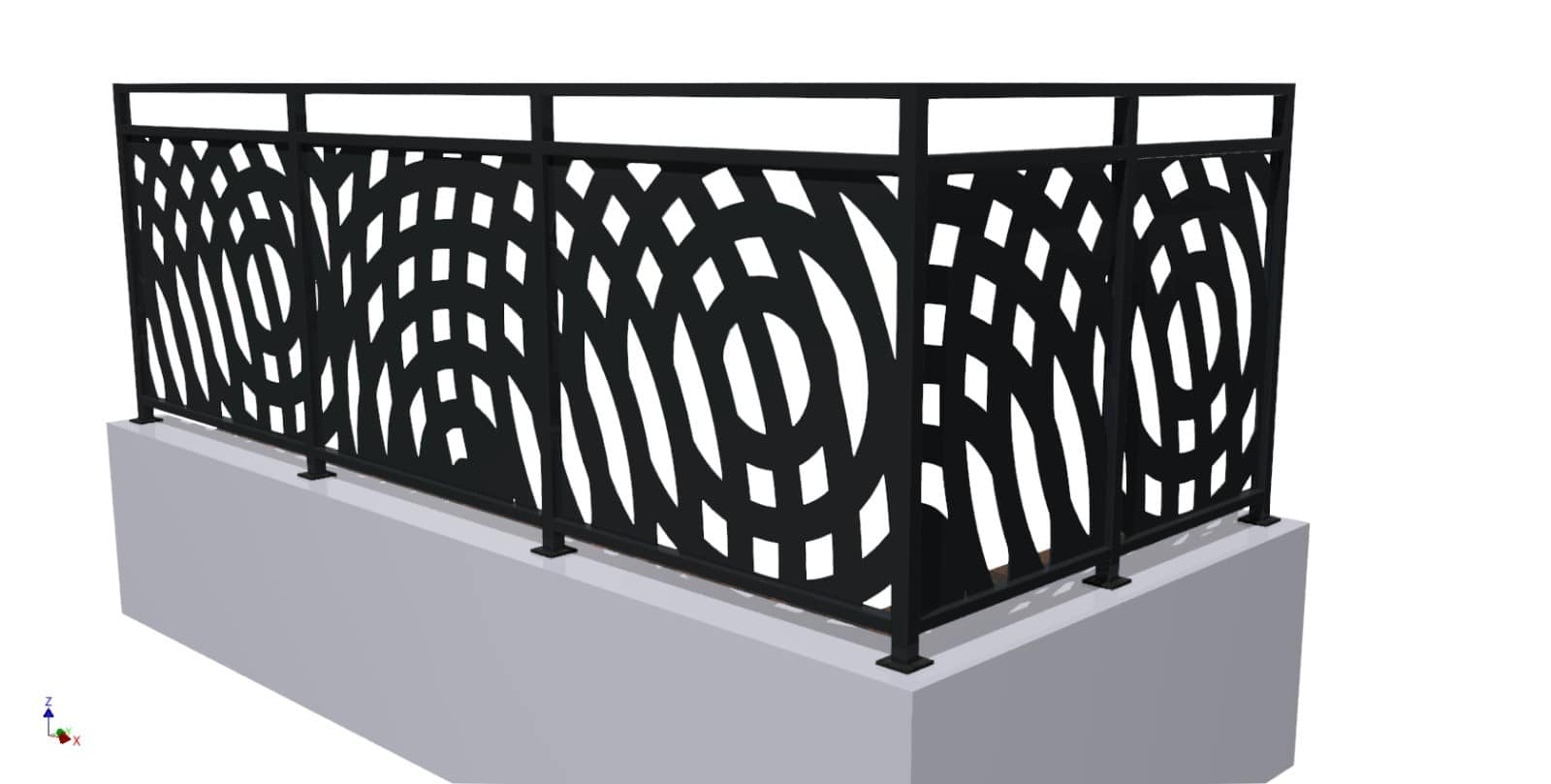 Masywna,metalowa balustrada schodów zewnętrznych z kutymi ozdobami, tworząca wrażenie solidności i bezpieczeństwa.