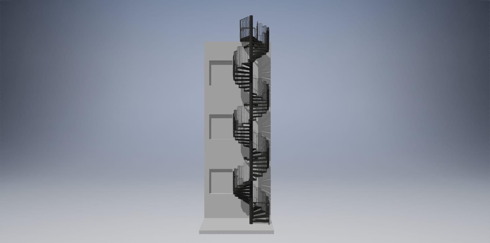 Eine Außentreppe mit einer originellen spiralförmigen Konstruktion aus graphitfarbenem verzinktem Stahl. Sie besteht aus einer mittig platzierten Säule und spiralförmig angeordneten Stufen und Handläufen. Sie bietet einen bequemen Zugang zu den oberen Stockwerken des Gebäudes auf kleinem Raum. Sie setzen einen interessanten architektonischen und funktionalen Akzent.
