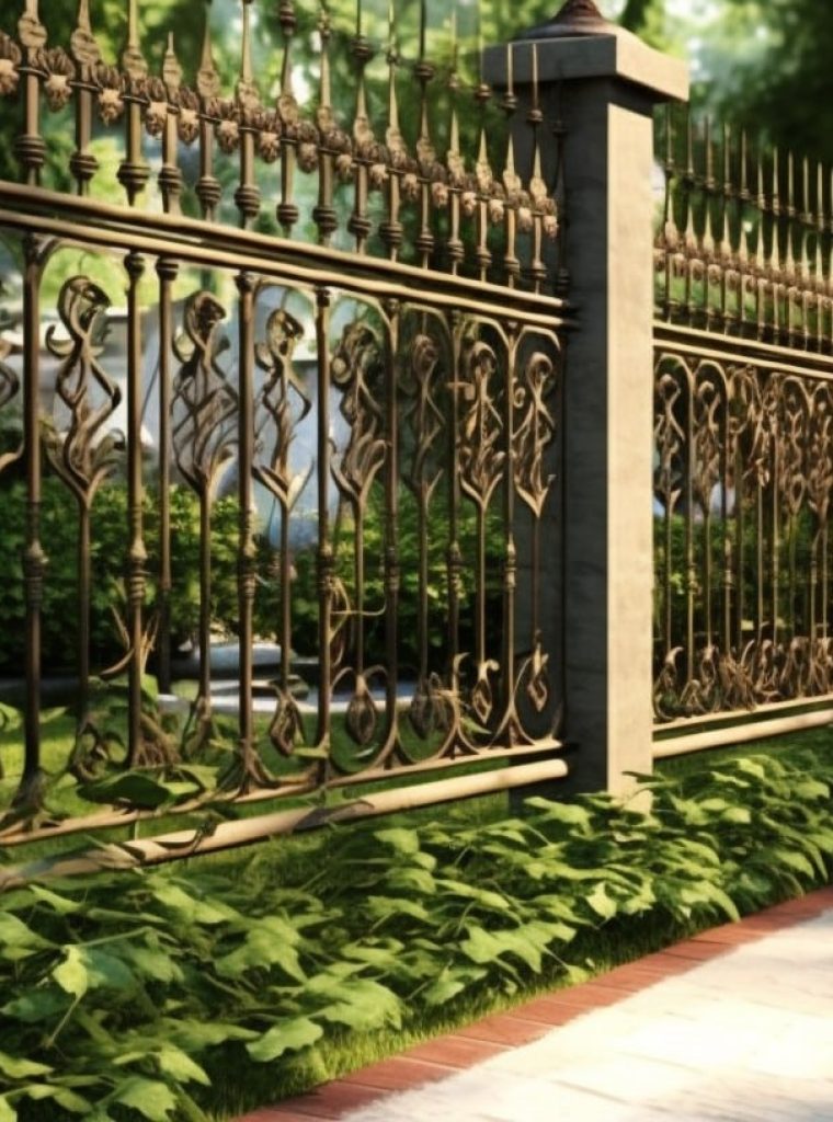 Ein exquisiter goldener Zaun mit zahlreichen Ornamenten, hergestellt von MetalWork Poland, fügt sich perfekt in den schönen, gepflegten Garten ein, der das weiße Haus umgibt. Die reiche Verzierung und die Details des Zauns unterstreichen den Geschmack der Eigentümer des Grundstücks, die sich für ein Spitzenprodukt eines bewährten Herstellers entschieden haben.